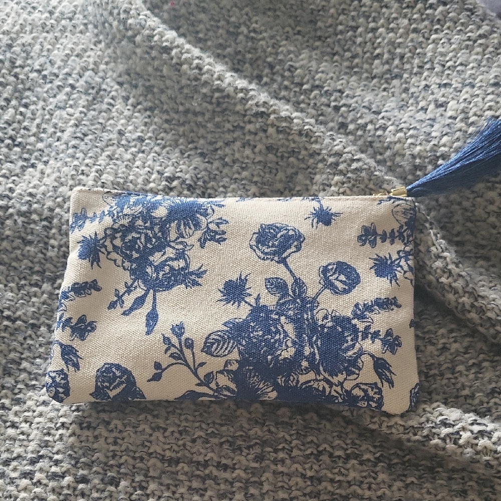 Floral Blue and Cream Clutch Tassles Fill With Makeup Plus Two Extra